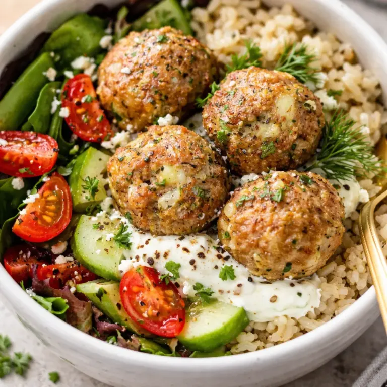 Delicious Greek chicken meatballs served with creamy homemade tzatziki sauce.