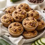 Delicious zucchini chocolate chip muffins with gooey chocolate chips and fresh zucchini.