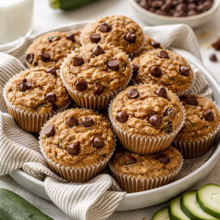 Delicious zucchini chocolate chip muffins with gooey chocolate chips and fresh zucchini.