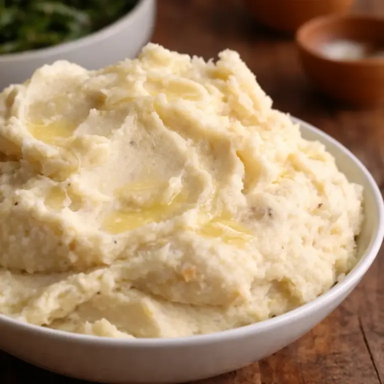 Creamy roasted garlic mashed potatoes served with savory sausage gravy.