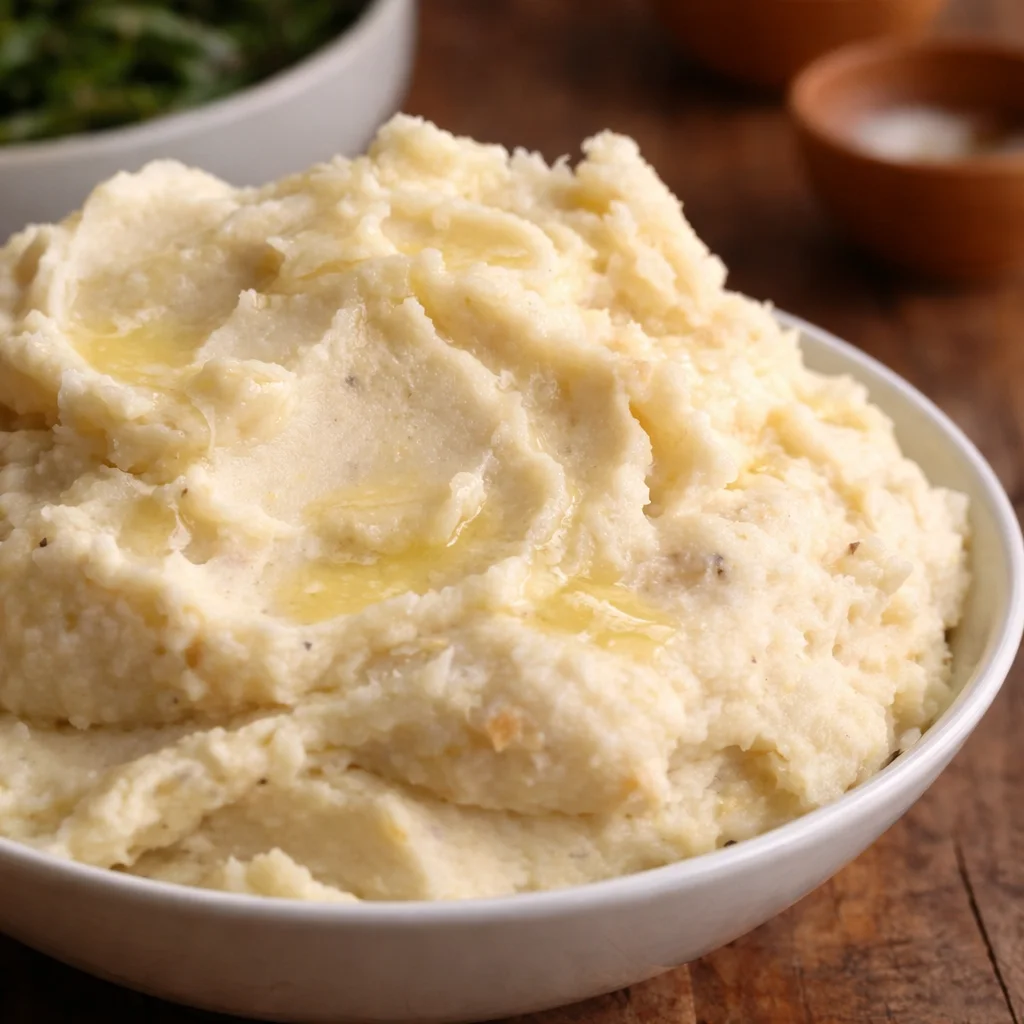 Creamy roasted garlic mashed potatoes served with savory sausage gravy.