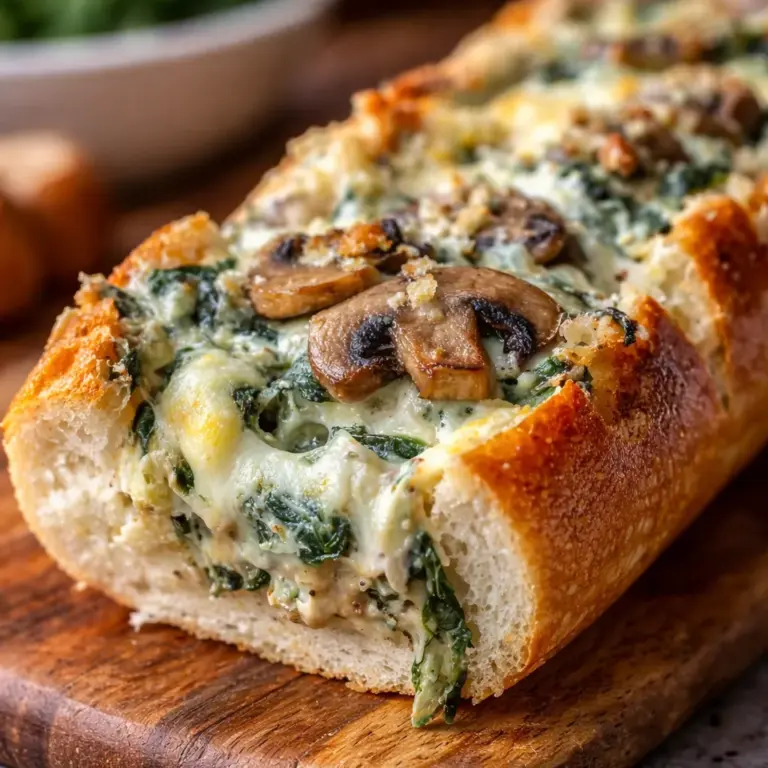 Cheesy Spinach Artichoke Mushroom Stuffed Baguette with melted cheese and garlic.