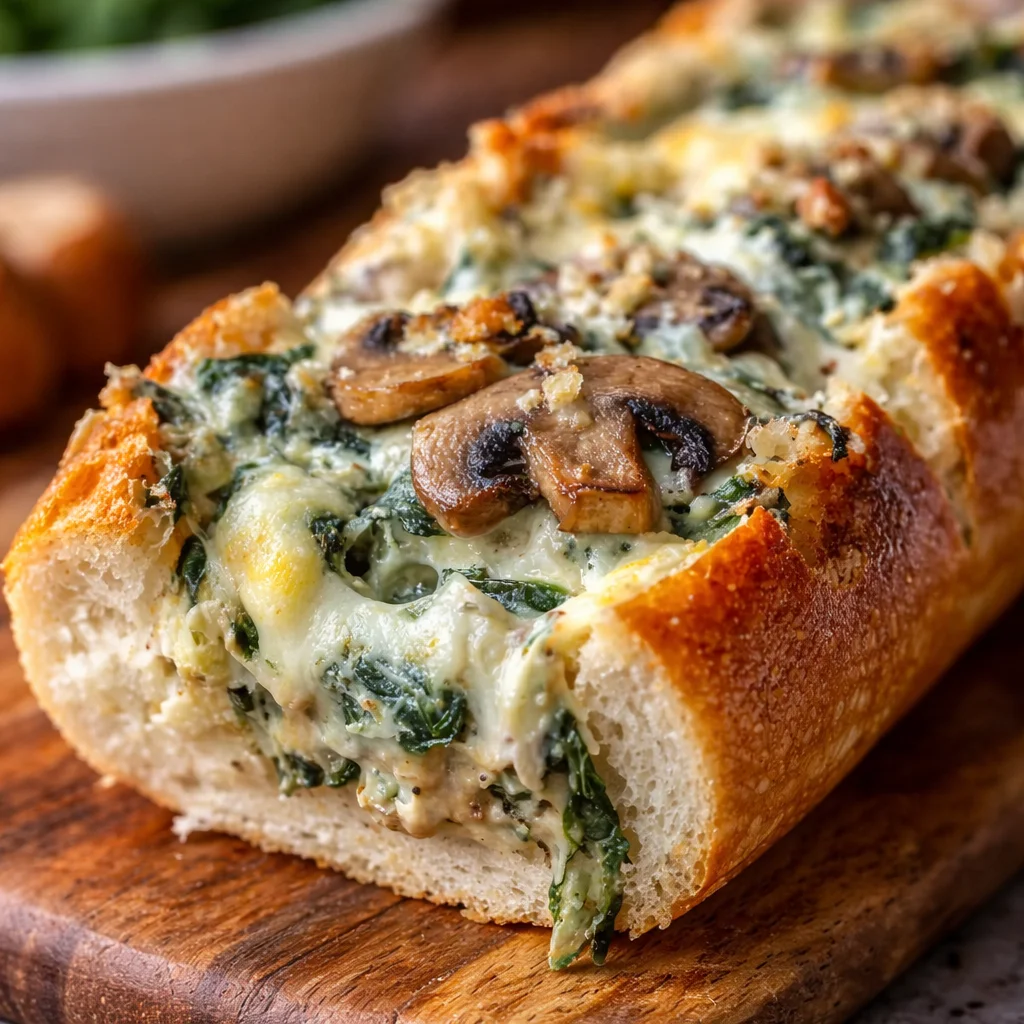 Cheesy Spinach Artichoke Mushroom Stuffed Baguette with melted cheese and garlic.
