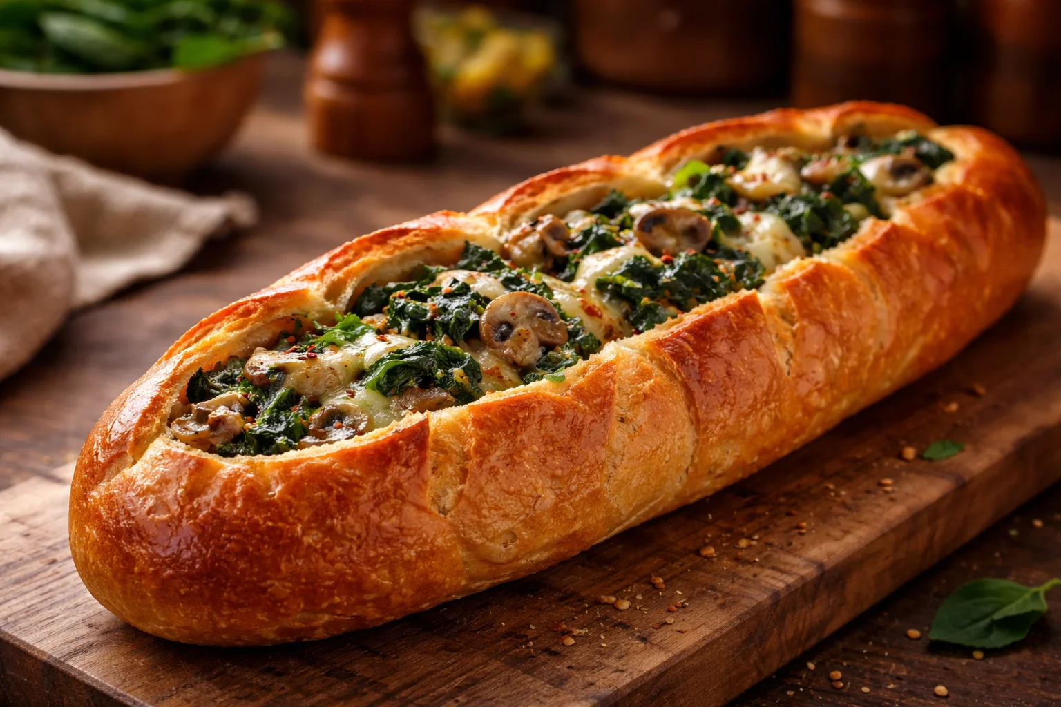 Mouthwatering Cheesy Spinach Artichoke Mushroom Stuffed Baguette