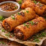 Crispy beef rolls filled with cranberries and walnuts, served warm with butter.
