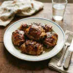 Delicious Honey Garlic Chicken Thighs served on a plate with garnishes.