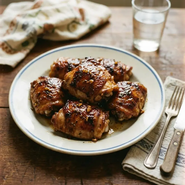 Delicious Honey Garlic Chicken Thighs served on a plate with garnishes.